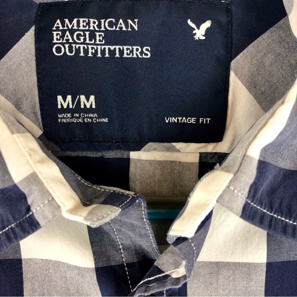 Men's American Eagle Vintage Fit Blue White Buffalo Plaid Shirt Long Sleeve - Picture 11 of 16